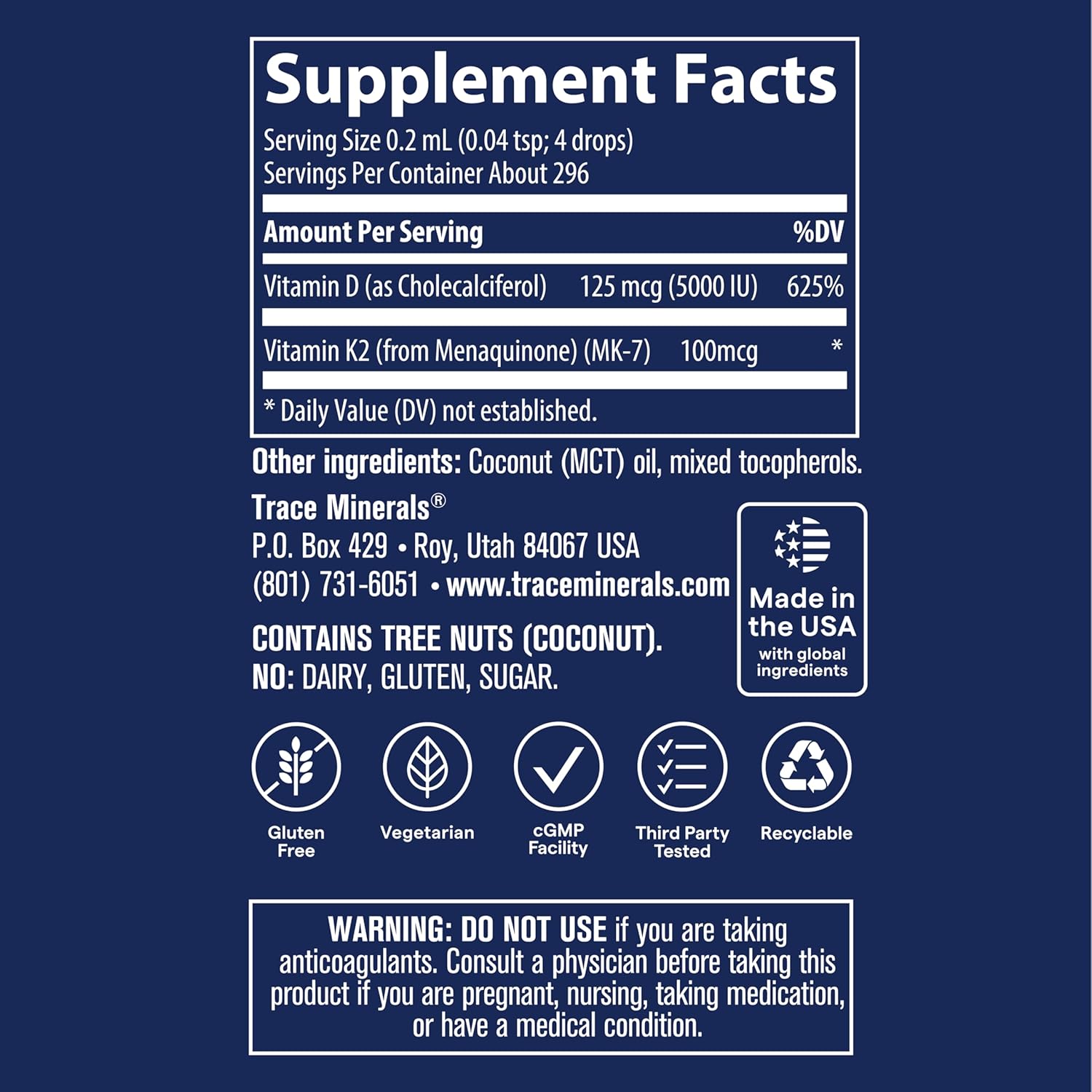 Trace Minerals Liquid Ionic Vitamin D3 + K2 Concentrated Supplement 2 fl. oz