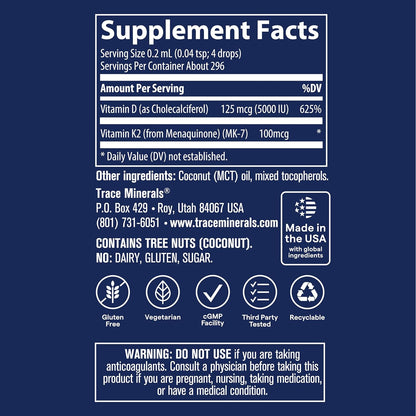 Trace Minerals Liquid Ionic Vitamin D3 + K2 Concentrated Supplement 2 fl. oz