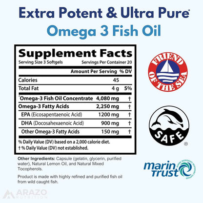 Arazo Nutrition Wild Caught Omega-3 Fish Oil Concentrate 4080mg EPA DHA Lemon Softgels 120 Count