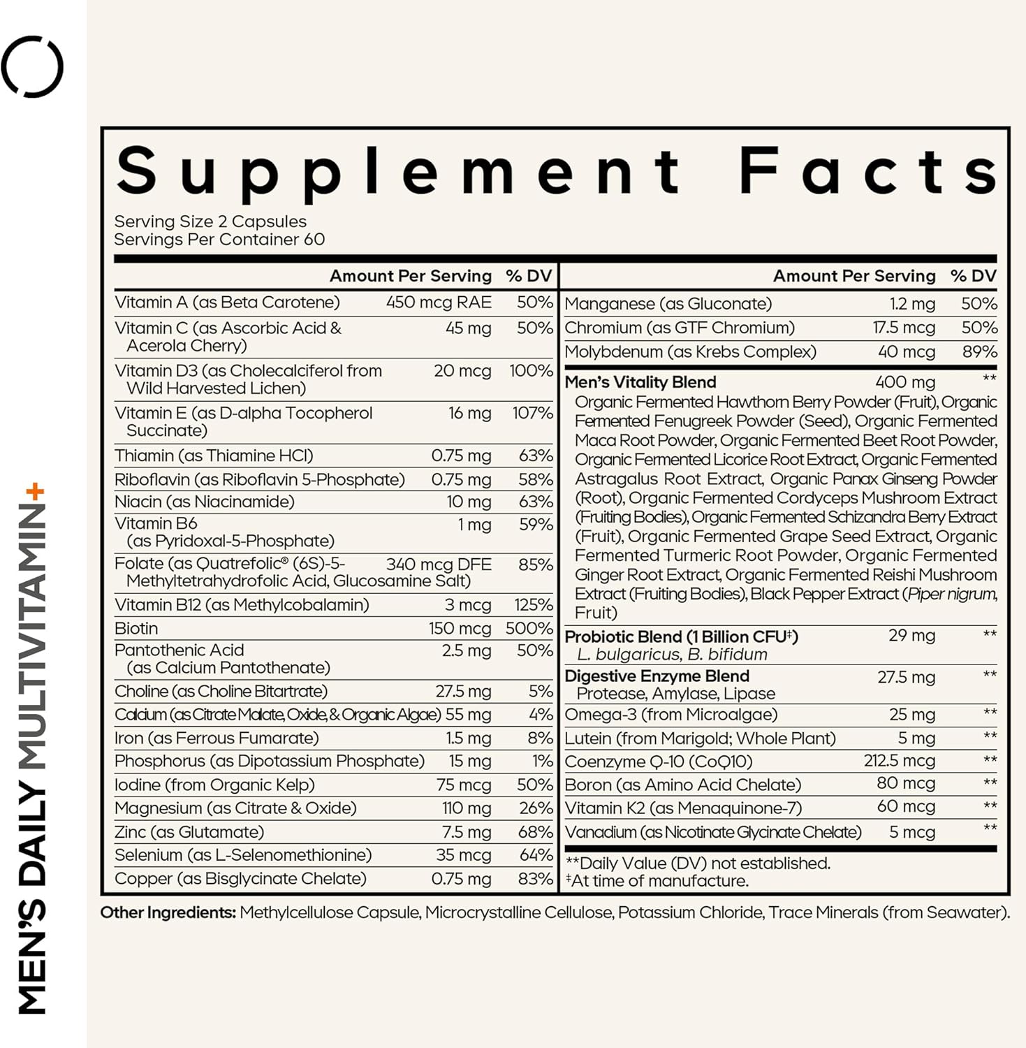 Codeage Men's Daily Multivitamin 25+ Vitamins Minerals Organic Whole Foods 120 Capsules