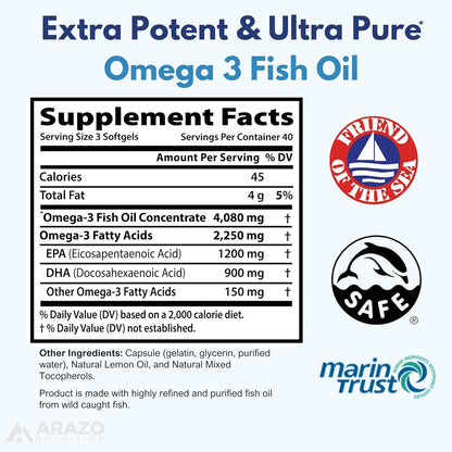 Arazo Nutrition Wild Caught Omega 3 Fish Oil Concentrate – 4,080mg per Serving – High EPA 1200mg & DHA 900mg – 120 Burpless Lemon Softgels