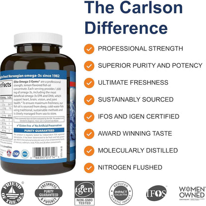 Carlson Elite Omega-3 Gems Fish Oil Supplement 1600mg Lemon 120 Count