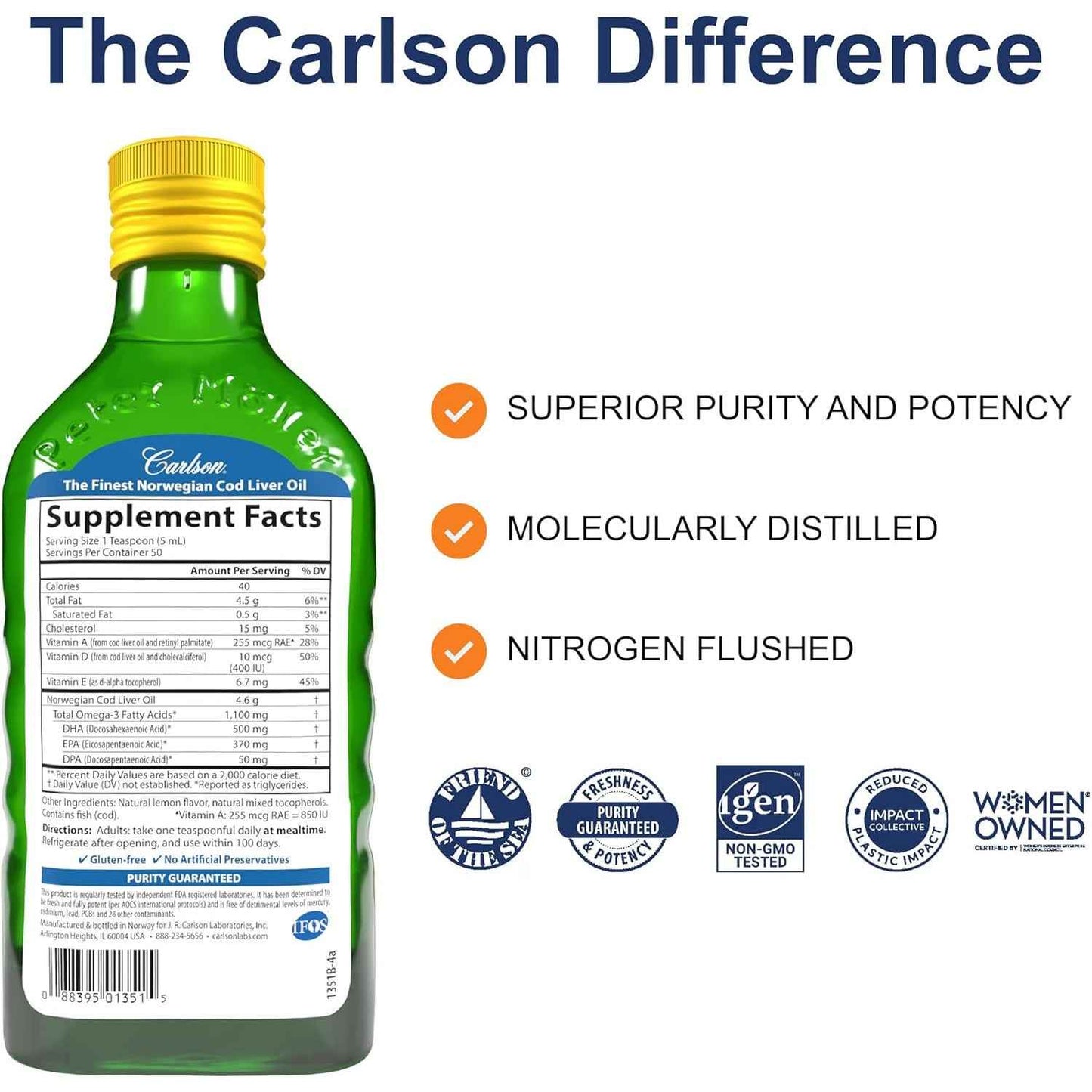 Carlson Cod Liver Oil 1100 Mg Omega-3s Liquid Lemon 250 Ml