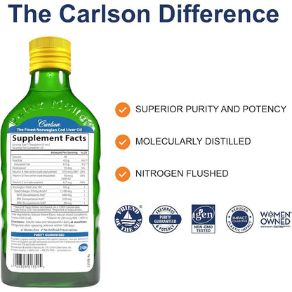 Carlson Cod Liver Oil 1100 Mg Omega-3s Liquid Lemon 250 Ml