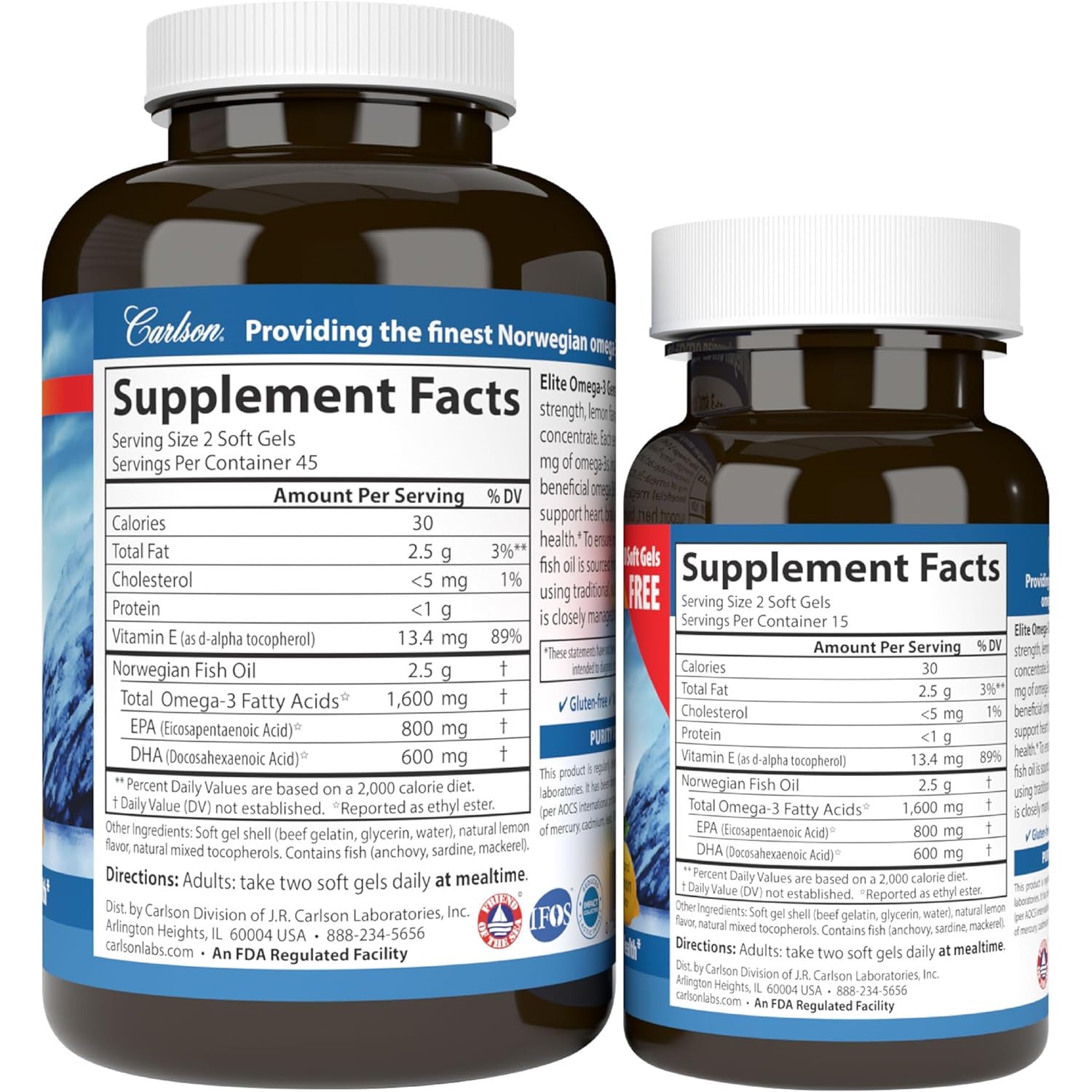 Carlson Elite Omega-3 Gems Fish Oil Supplement 1600mg Lemon 120 Count