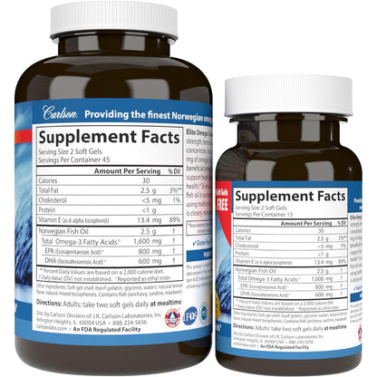 Carlson Elite Omega-3 Gems Fish Oil Supplement 1600mg Lemon 120 Count