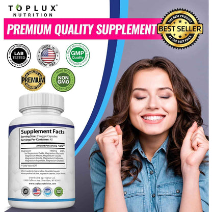Toplux Magnesium Complex Supplement 1000mg 8 Elemental Forms 90 Capsules