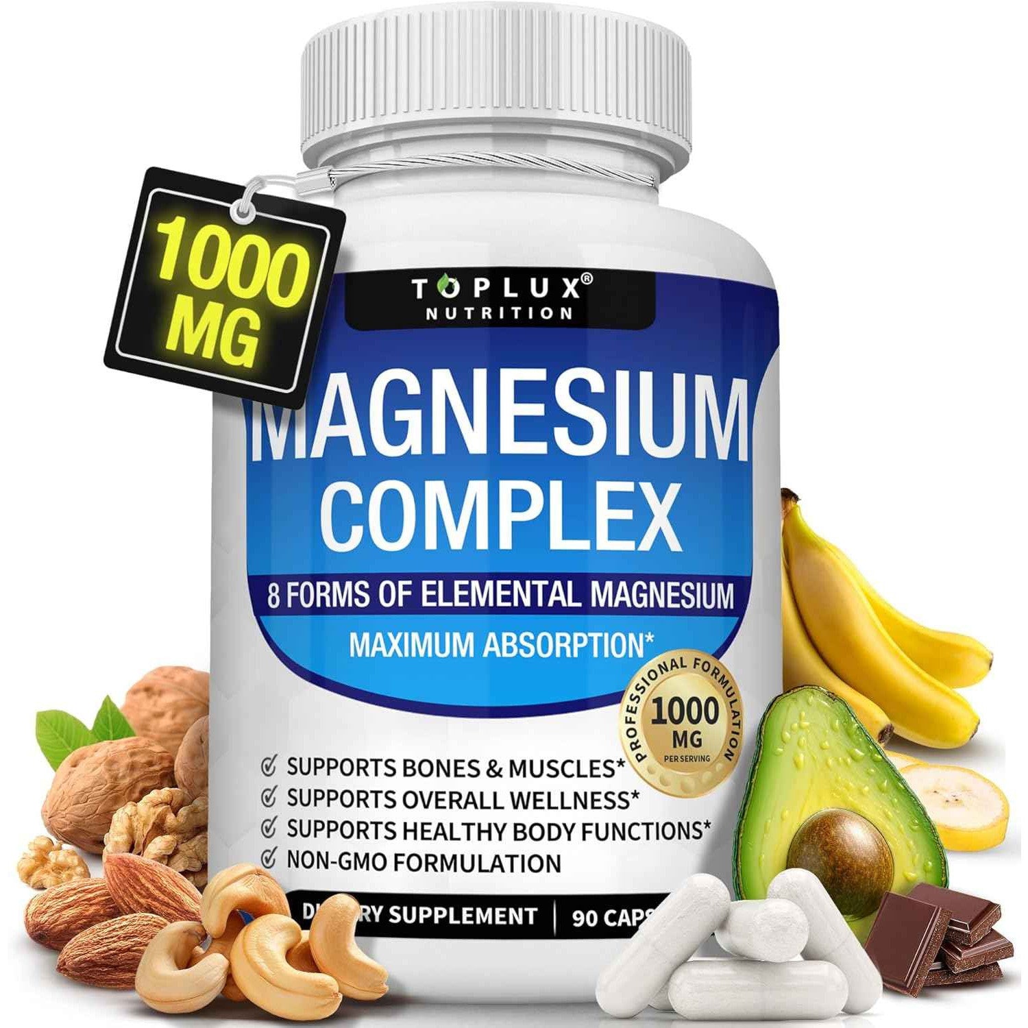 Toplux Magnesium Complex Supplement 1000mg 8 Elemental Forms 90 Capsules