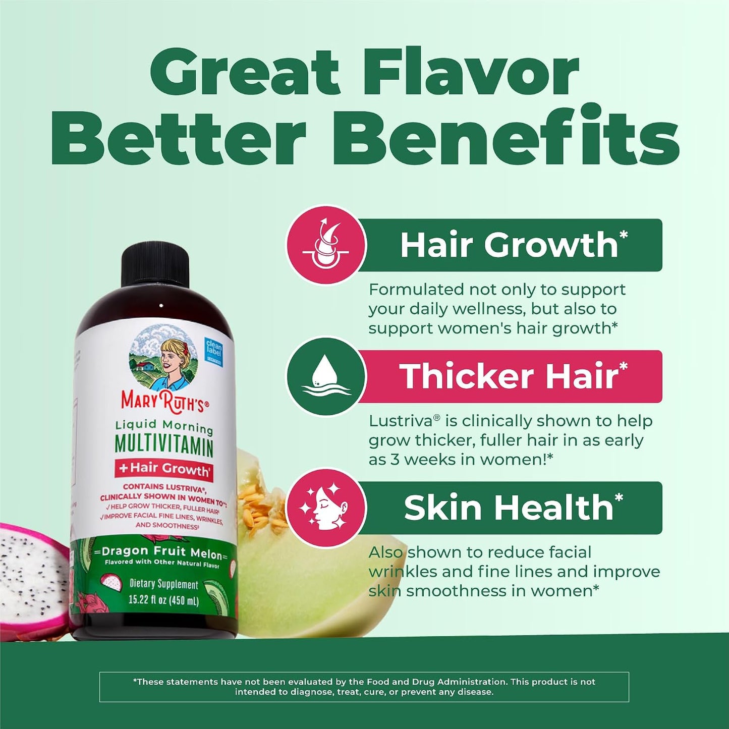 MaryRuth's Liquid Multivitamin Plus Hair Growth Dragon Fruit Lustriva Hair Growth Supplements | Skin Care 15.22 Fl Oz