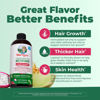MaryRuth's Liquid Multivitamin Plus Hair Growth Dragon Fruit Lustriva Hair Growth Supplements | Skin Care 15.22 Fl Oz