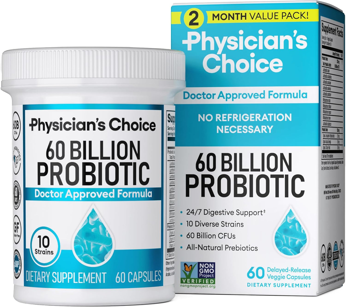 Physician's CHOICE Probiotic Supplement 60 Billion CFU Organic Prebiotics Immune, Digestive & Gut Health - Supports Occasional Constipation, Diarrhea, Gas & Bloating - for Women & Men 30ct