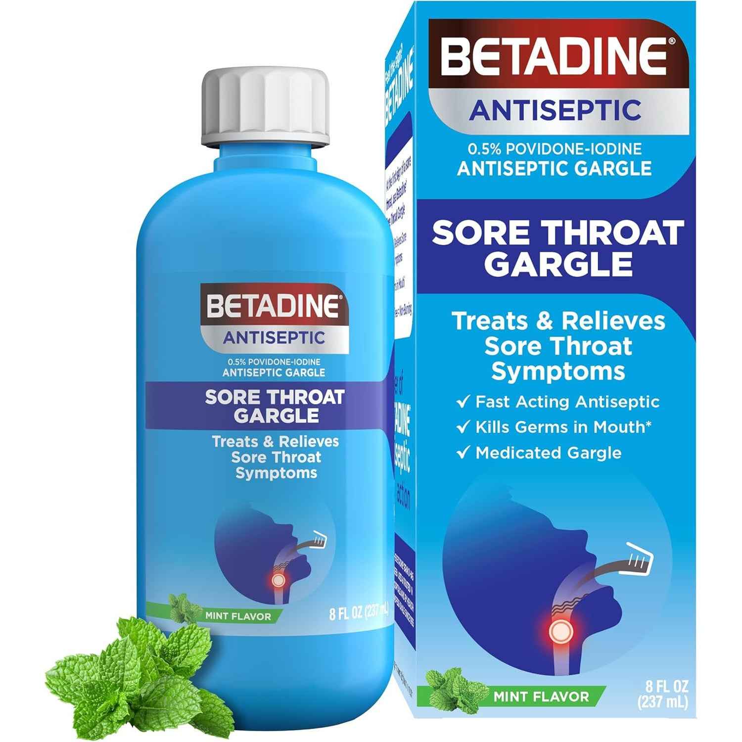 Betadine Sore Throat Relief Gargle 8 Oz Fast Acting Antiseptic Mint