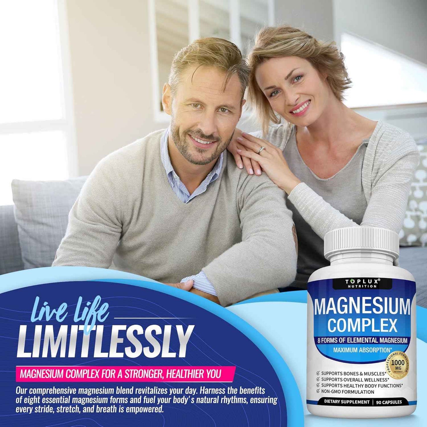 Toplux Magnesium Complex Supplement 1000mg 8 Elemental Forms 90 Capsules