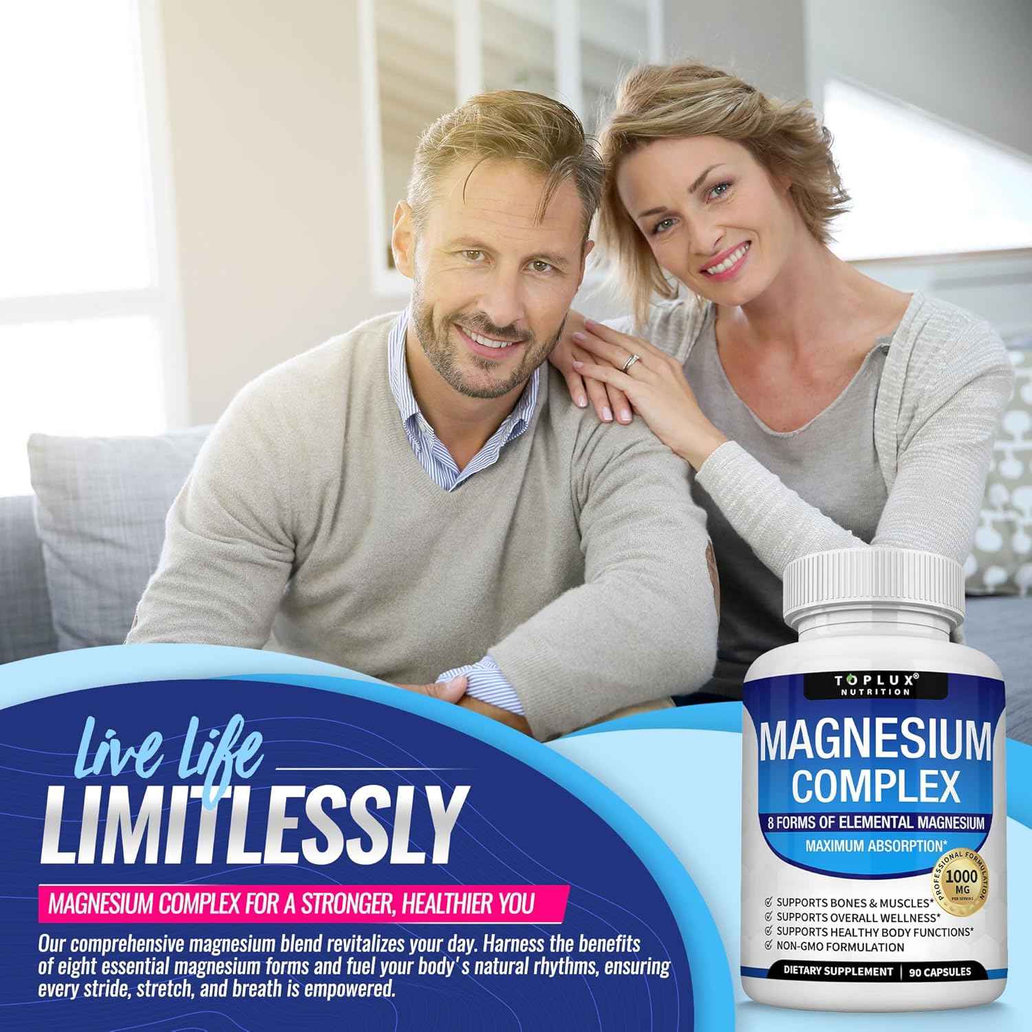 Toplux Magnesium Complex Supplement 1000mg 8 Elemental Forms 90 Capsules