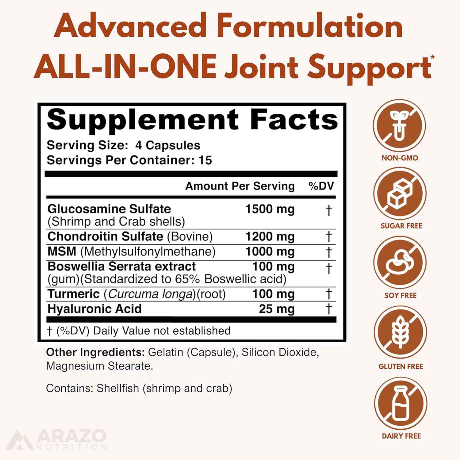 Arazo Nutrition Glucosamine Chondroitin Turmeric MSM Boswellia Joint Support Supplement 180 Tablets