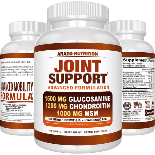 Arazo Nutrition Glucosamine Chondroitin Turmeric Msm Boswellia - Joint Support Supplement for Relief for Bones, Back, Knees, Hands (180 Tablets)