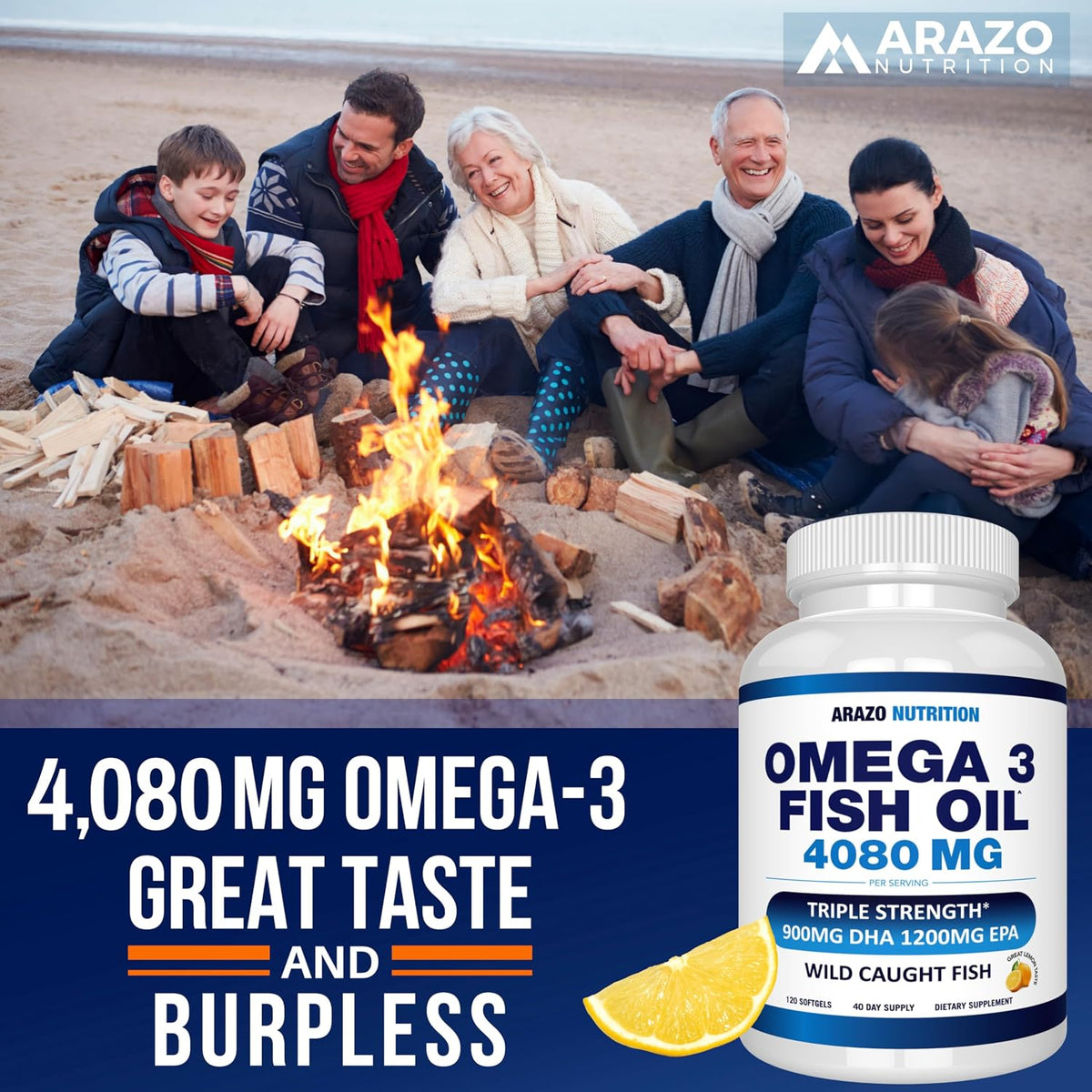 Arazo Nutrition Wild Caught Omega 3 Fish Oil Concentrate – 4,080mg per Serving – High EPA 1200mg & DHA 900mg – 120 Burpless Lemon Softgels