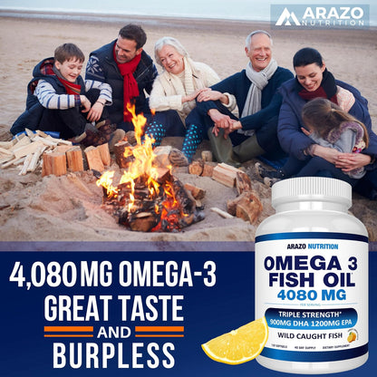 Arazo Nutrition Wild Caught Omega 3 Fish Oil Concentrate – 4,080mg per Serving – High EPA 1200mg & DHA 900mg – 120 Burpless Lemon Softgels