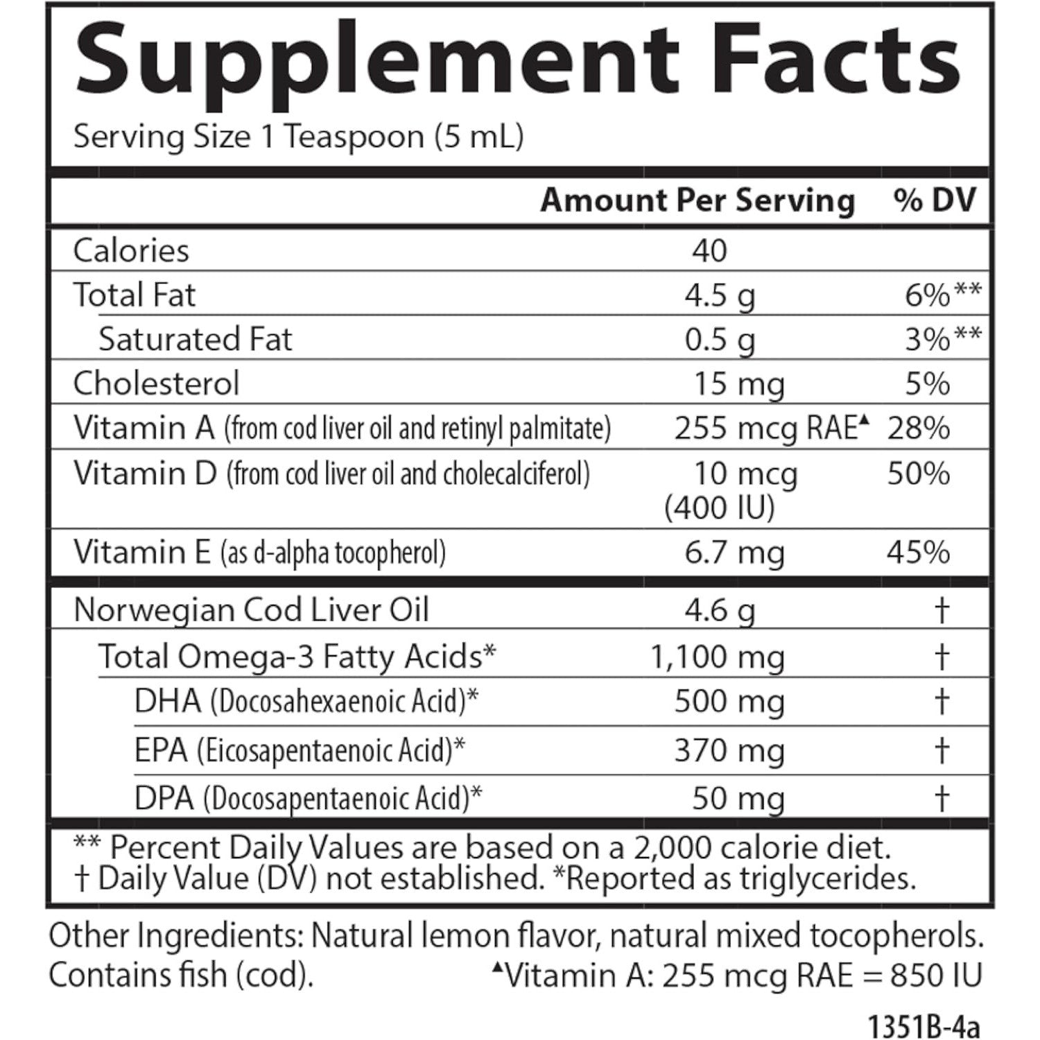 Carlson Cod Liver Oil 1100 Mg Omega-3s Liquid Lemon 250 Ml