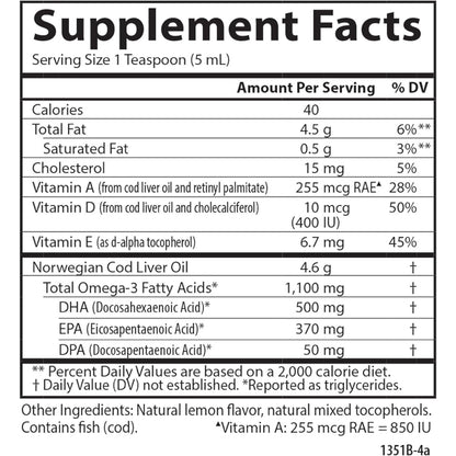 Carlson Cod Liver Oil 1100 Mg Omega-3s Liquid Lemon 250 Ml
