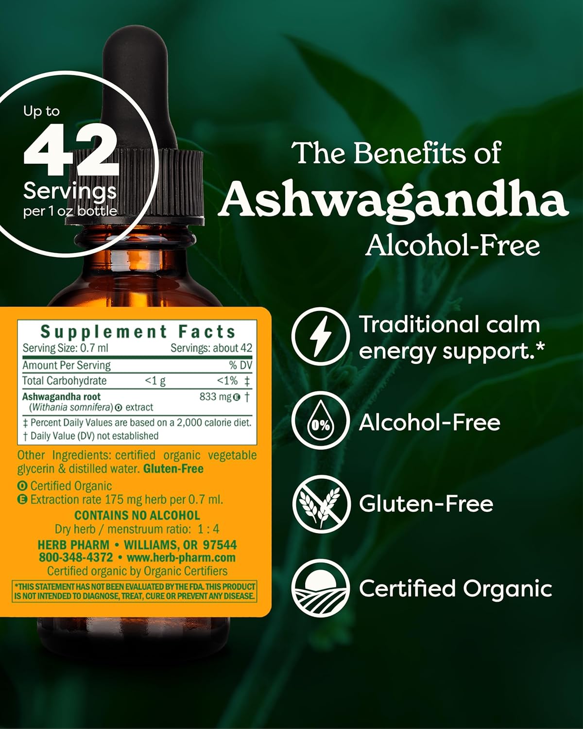 Herb Pharm Organic Ashwagandha Liquid Extract Alcohol-Free Adaptogen
