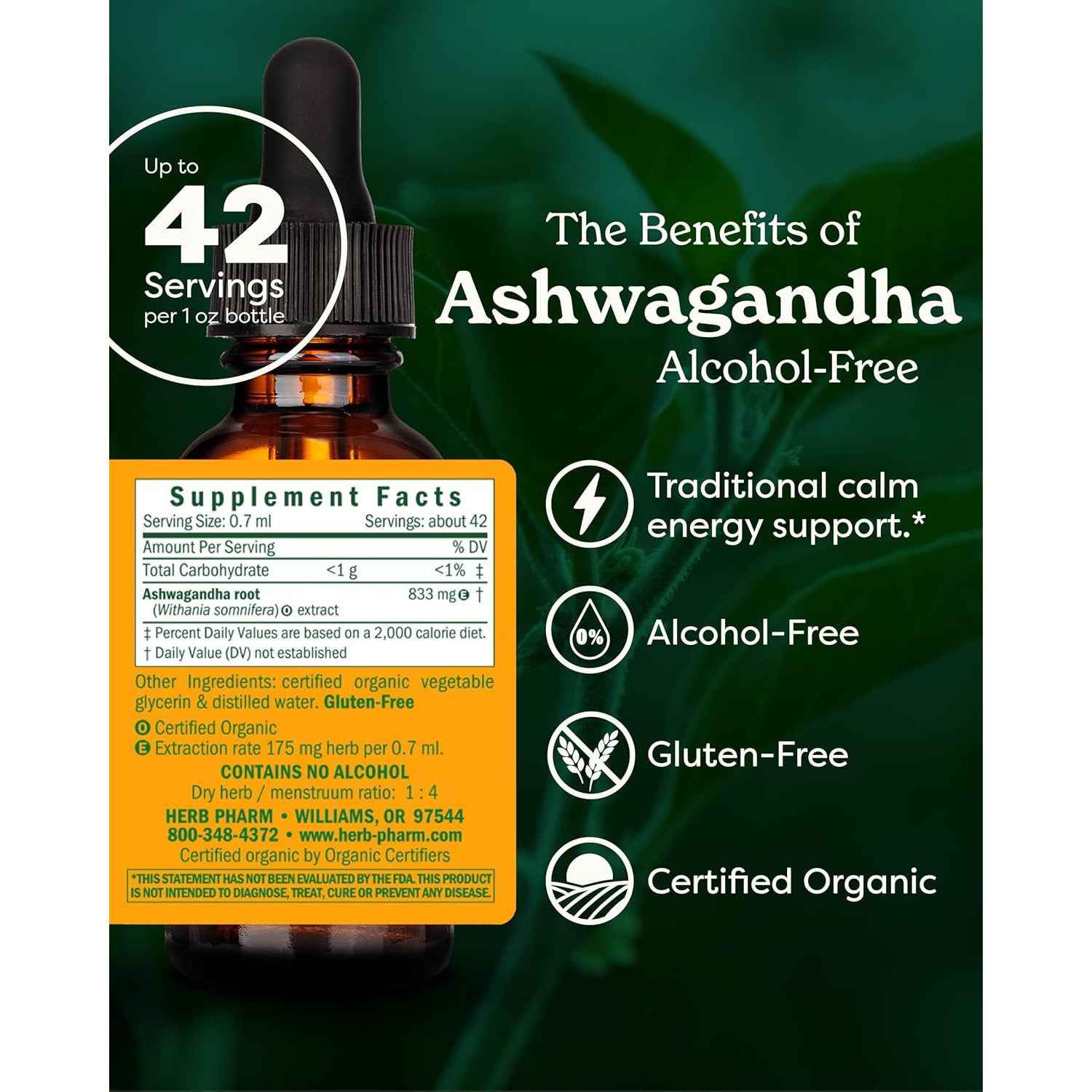 Herb Pharm Organic Ashwagandha Liquid Extract Alcohol-Free Adaptogen