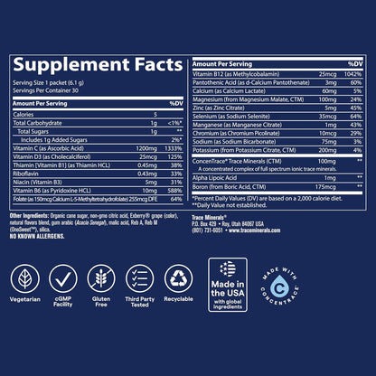 Trace Minerals Power Pak Electrolyte Powder Packets 1200mg Vitamin C Acai Berry 30 Count