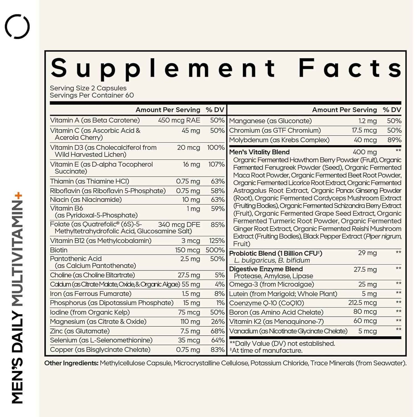 Codeage Men's Daily Multivitamin 25+ Vitamins Minerals Organic Whole Foods 120 Capsules