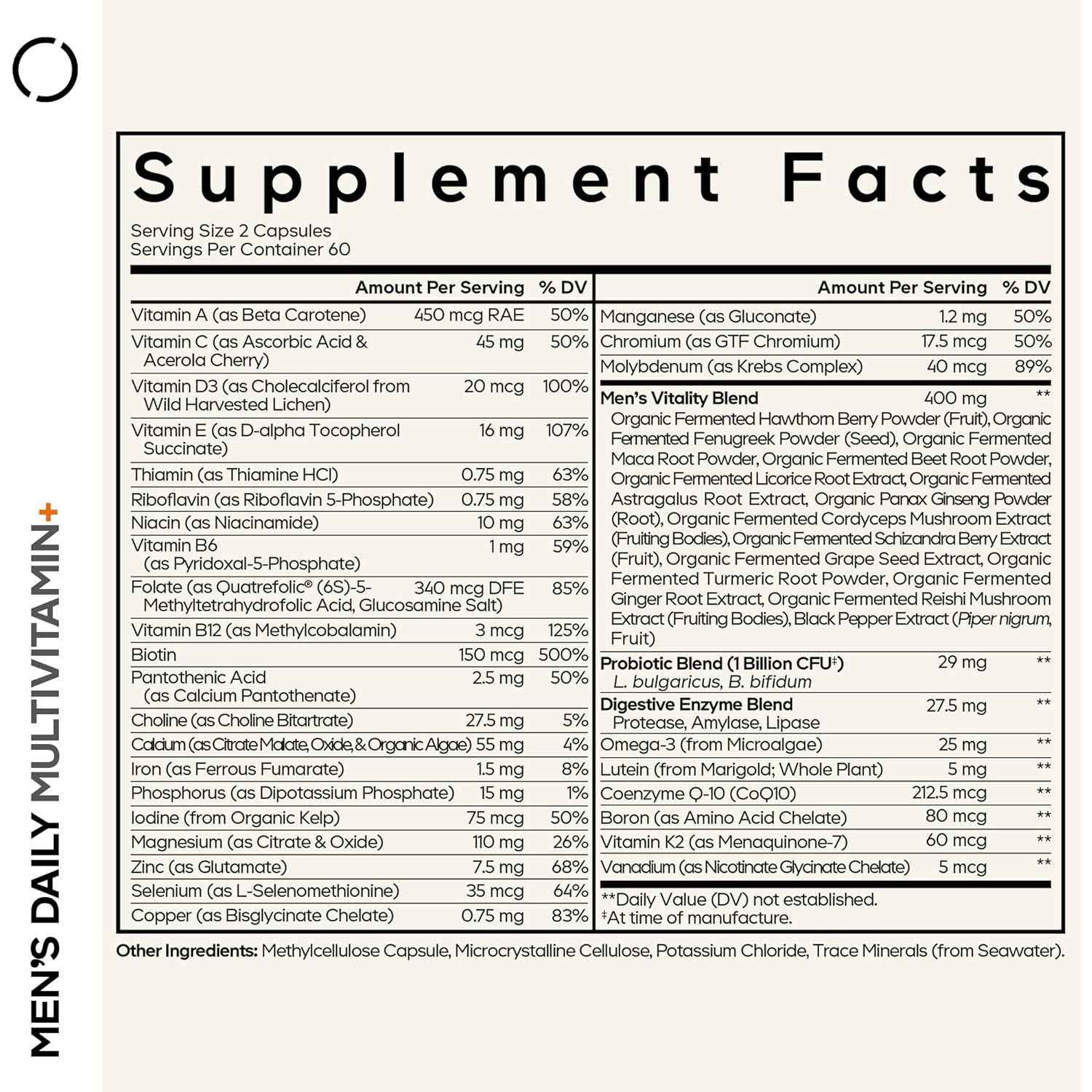 Codeage Men's Daily Multivitamin 25+ Vitamins Minerals Organic Whole Foods 120 Capsules