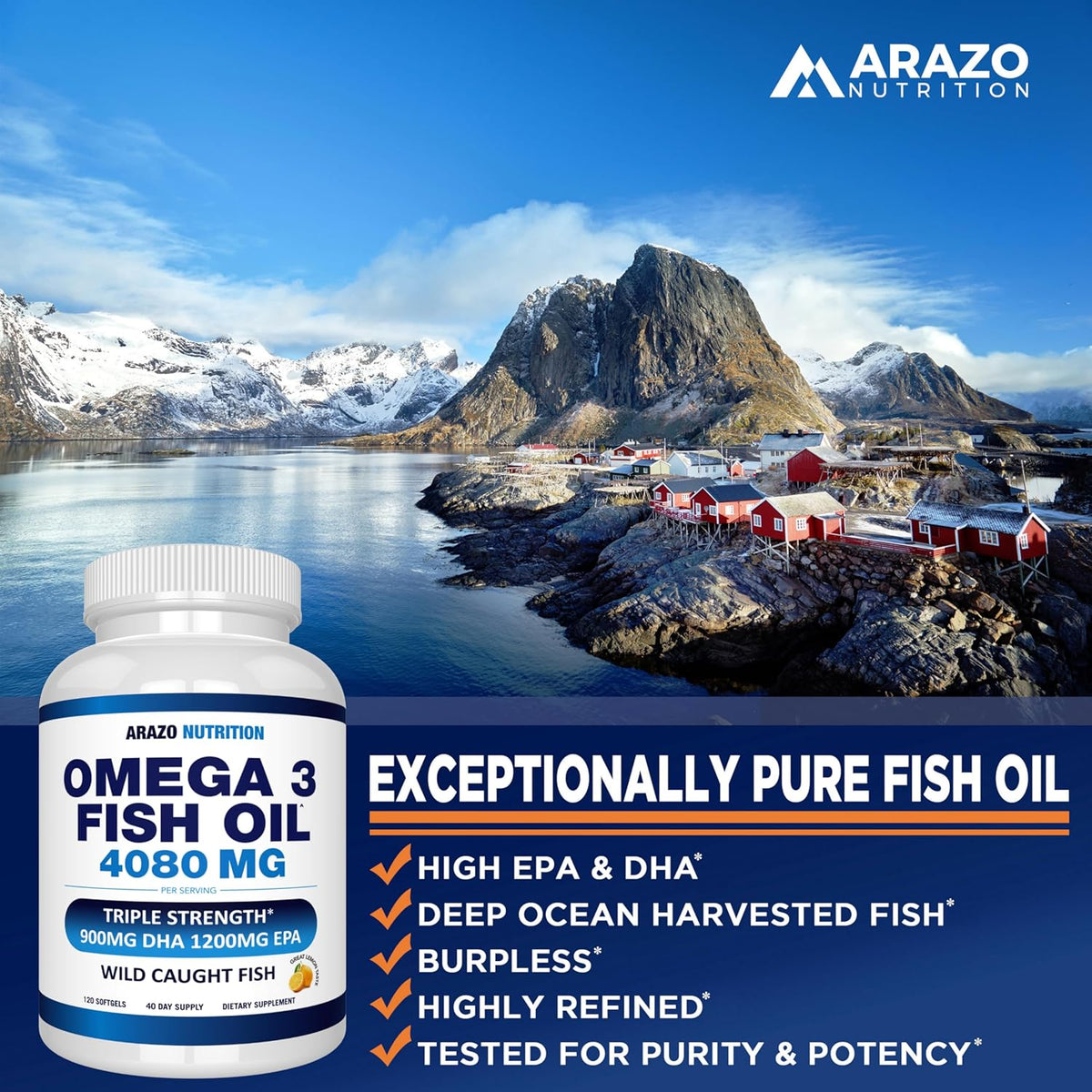 Arazo Nutrition Wild Caught Omega 3 Fish Oil Concentrate – 4,080mg per Serving – High EPA 1200mg & DHA 900mg – 120 Burpless Lemon Softgels