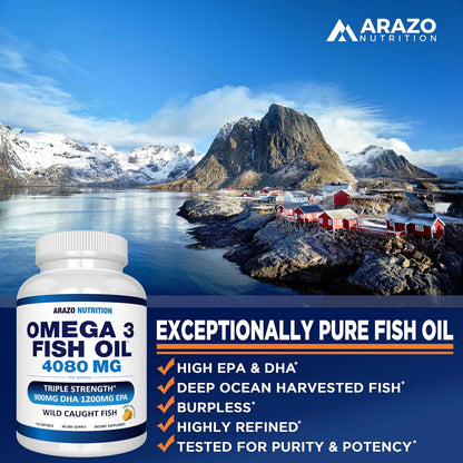 Arazo Nutrition Wild Caught Omega 3 Fish Oil Concentrate – 4,080mg per Serving – High EPA 1200mg & DHA 900mg – 120 Burpless Lemon Softgels