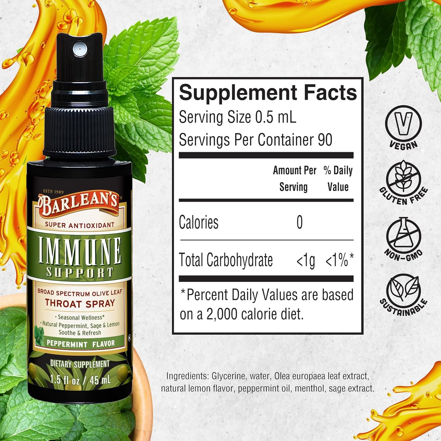 Barlean's Olive Leaf Complex Throat Spray Immune Support Supplement