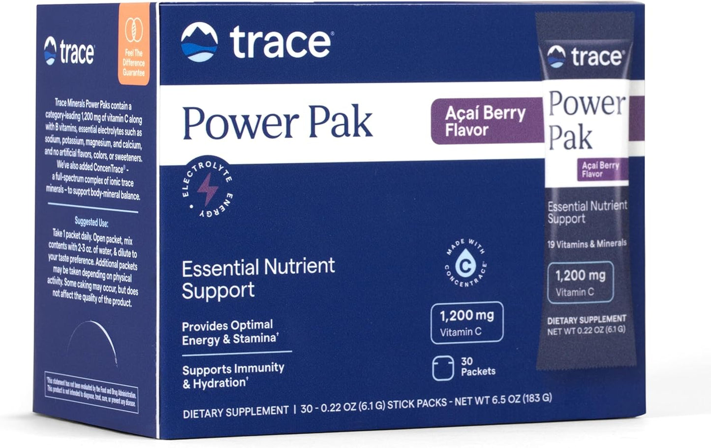 Trace Minerals Power Pak Electrolyte Powder Packets 1200mg Vitamin C Acai Berry 30 Count