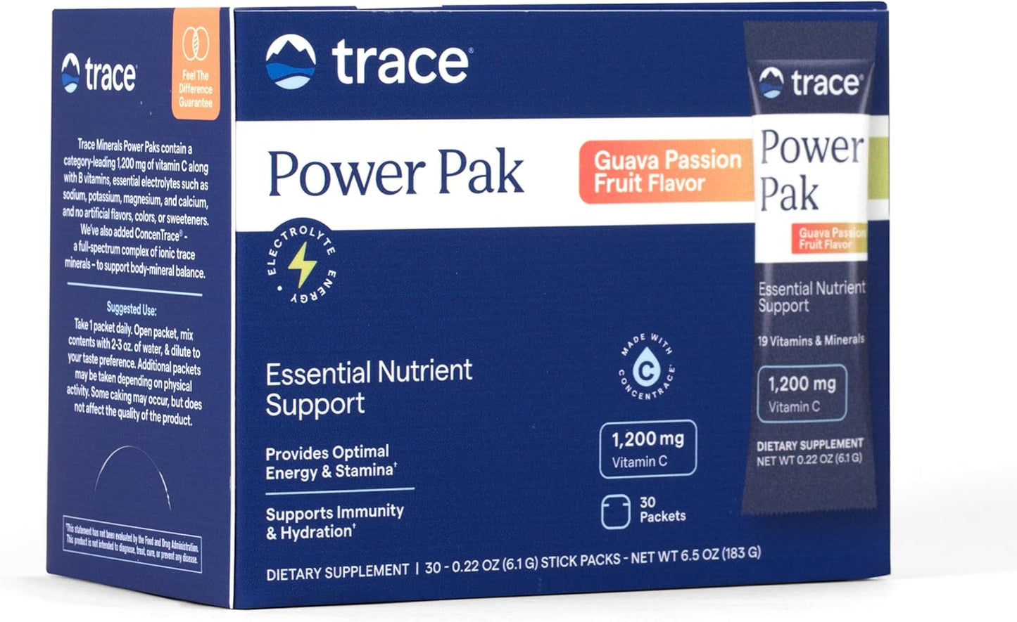 Trace Minerals Power Pak Electrolyte Powder Packets 1200mg Vitamin C Acai Berry 30 Count
