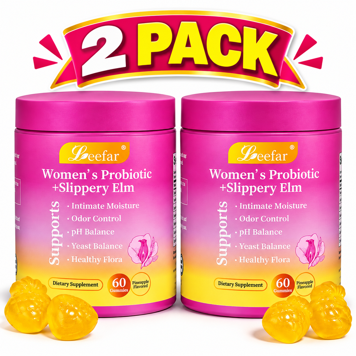 Two packs of LEEFAR Women's Probiotic Gummies with Slippery Elm, pineapple-flavored probiotic supplements in a 60-count pack.