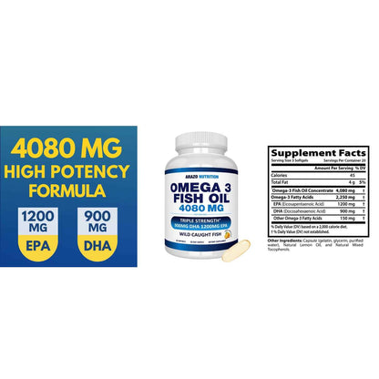 Arazo Nutrition Wild Caught Omega-3 Fish Oil Concentrate 4080mg EPA DHA Lemon Softgels 120 Count