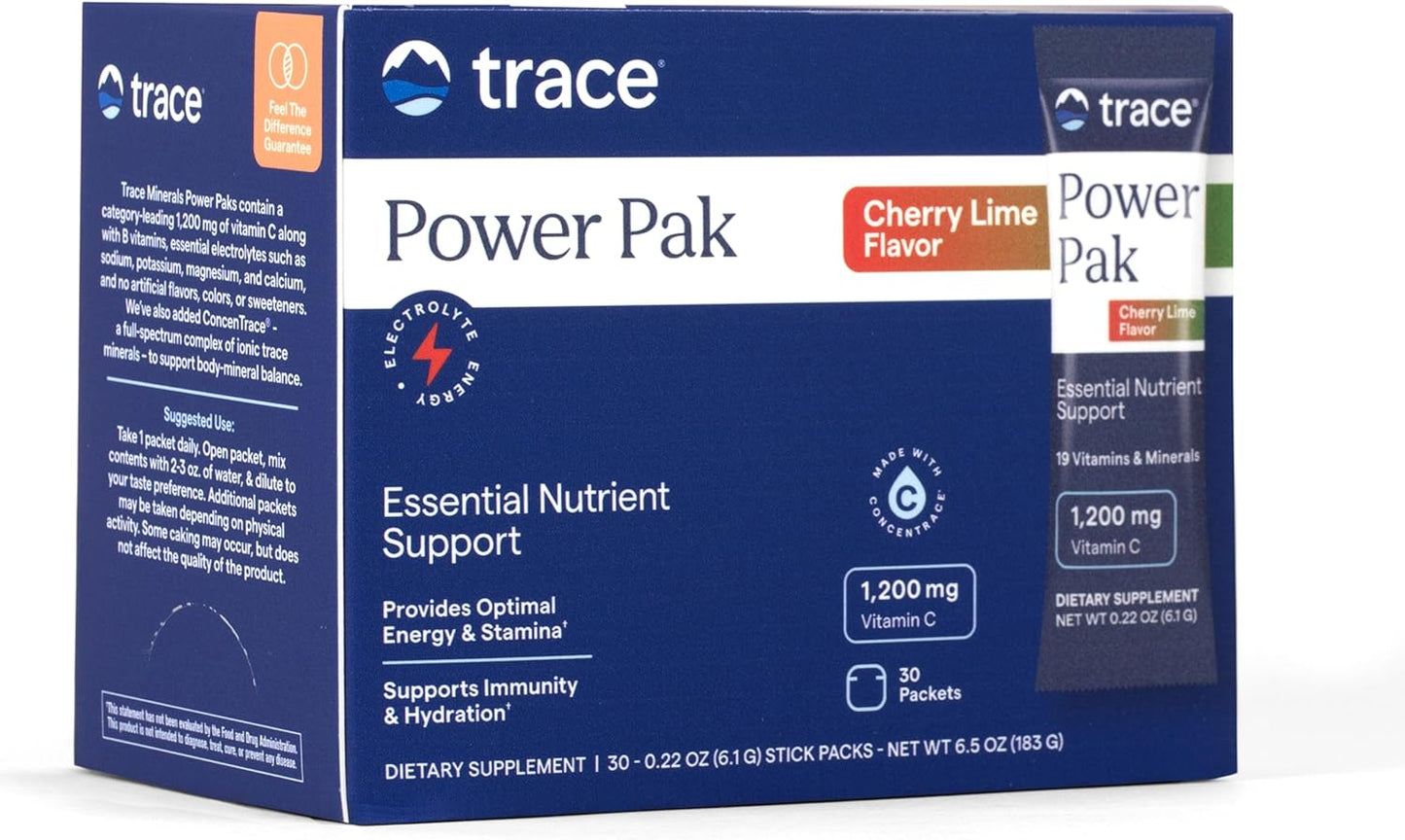 Trace Minerals Power Pak Electrolyte Powder Packets 1200mg Vitamin C Acai Berry 30 Count
