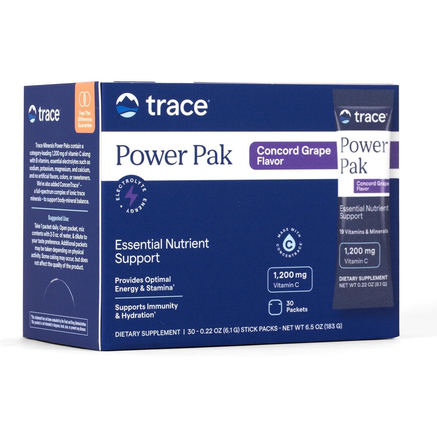 Trace Minerals Power Pak Electrolyte Powder Packets 1200mg Vitamin C Acai Berry 30 Count