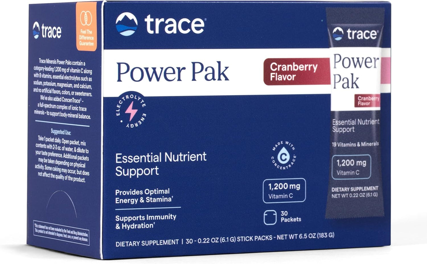 Trace Minerals Power Pak Electrolyte Powder Packets 1200mg Vitamin C Acai Berry 30 Count