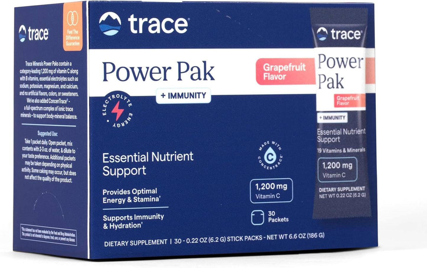 Trace Minerals Power Pak Electrolyte Powder Packets 1200mg Vitamin C Acai Berry 30 Count