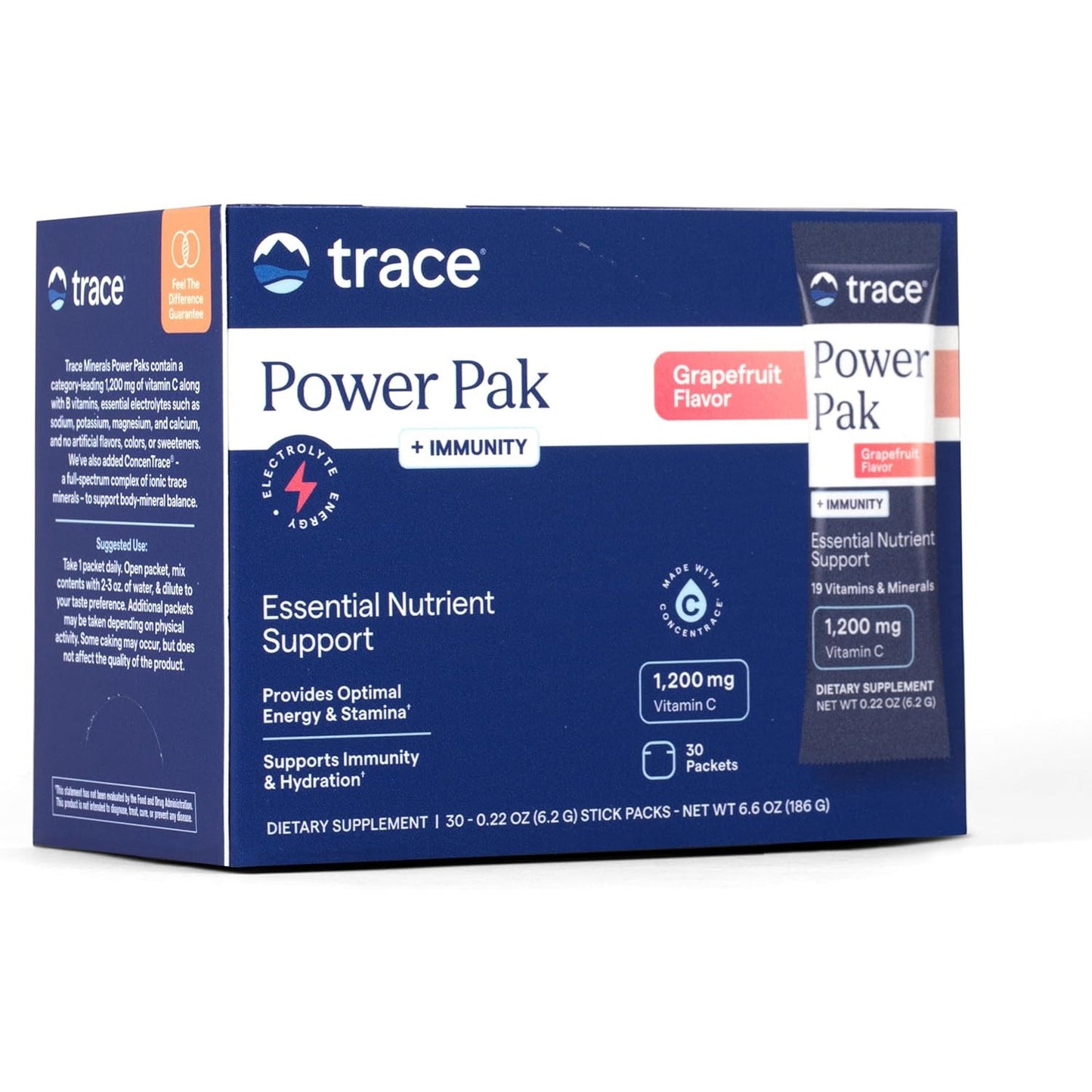 Trace Minerals Power Pak Electrolyte Powder Packets 1200mg Vitamin C Acai Berry 30 Count