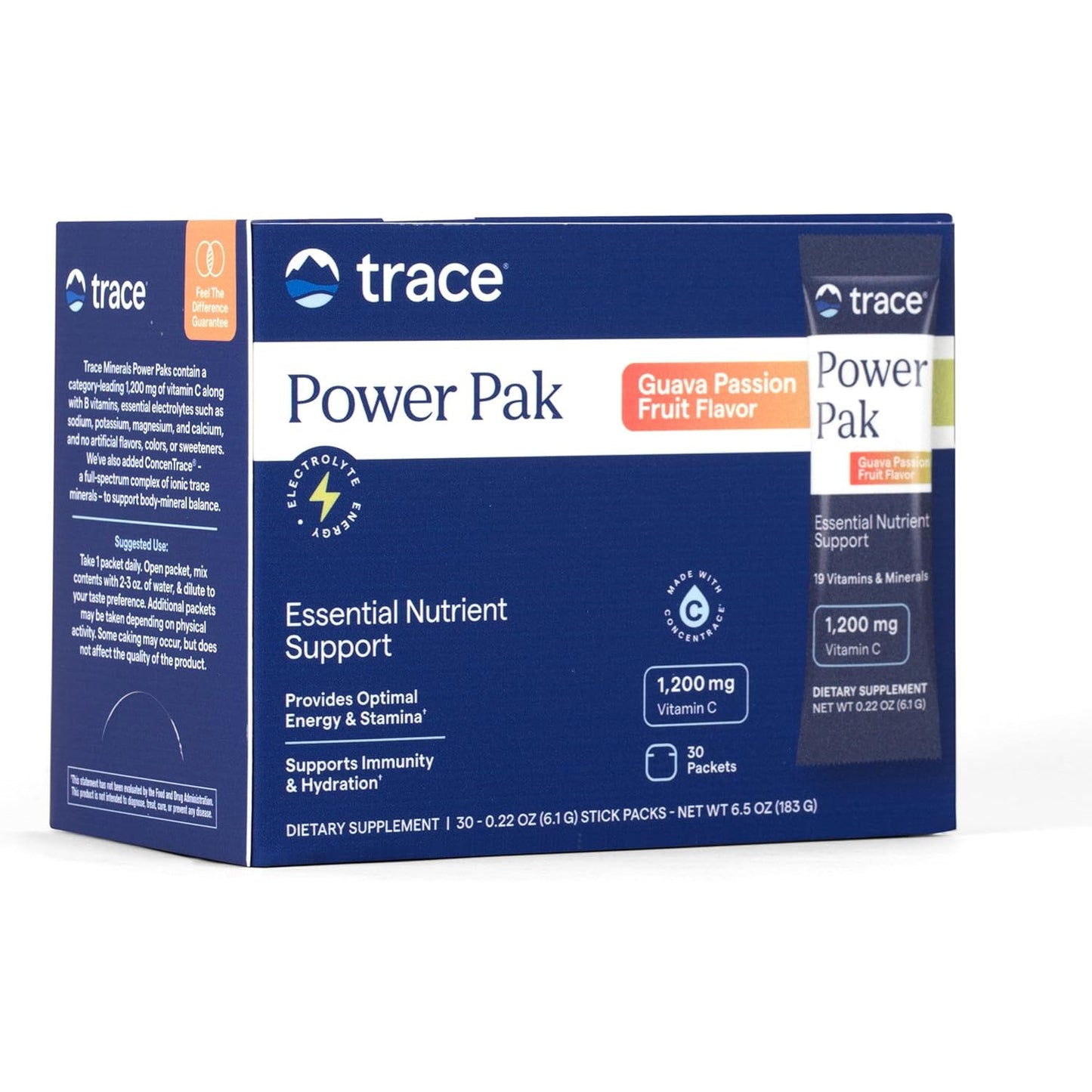 Trace Minerals Power Pak Electrolyte Powder Packets 1200mg Vitamin C Acai Berry 30 Count