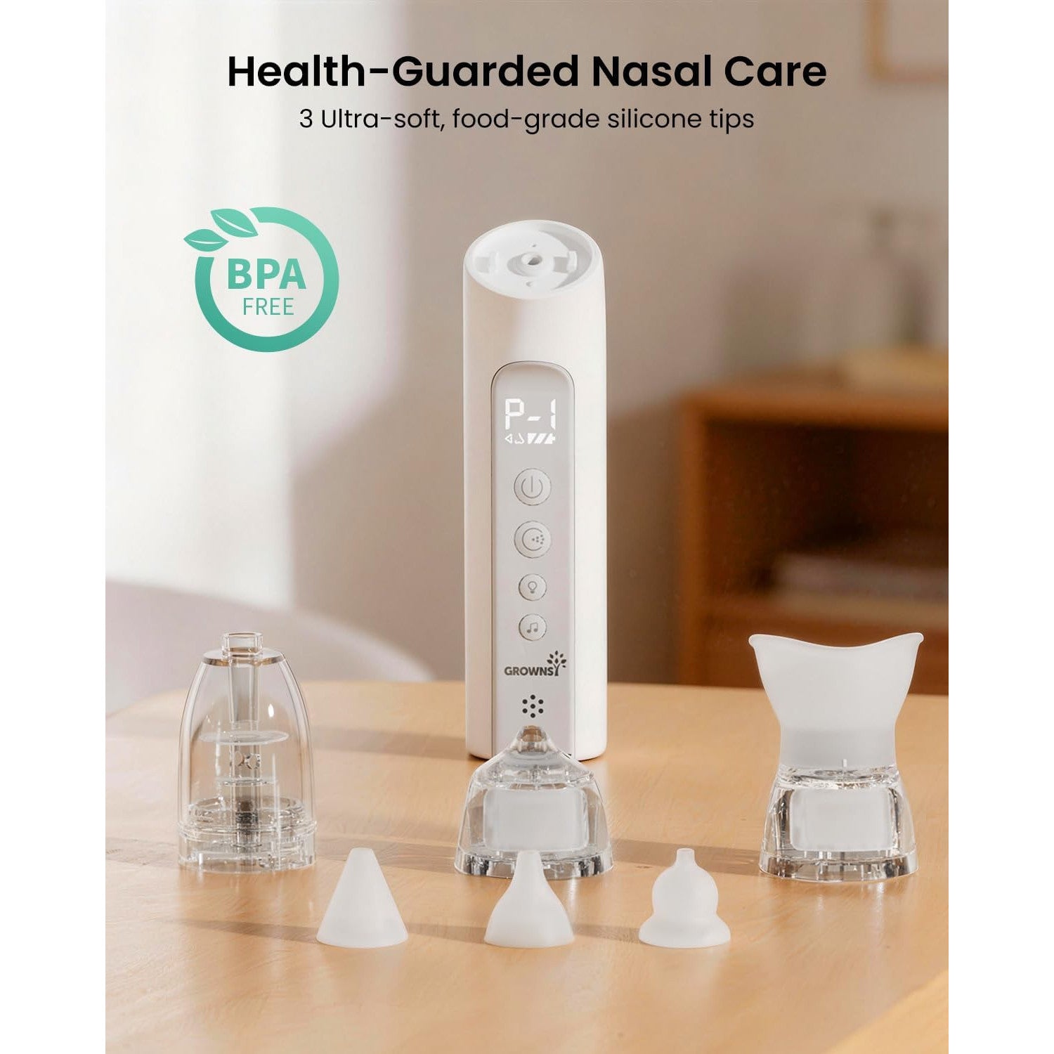GROWNSY SniffEase 3-in-1 Baby Nasal Aspirator Spray Suction Mist Hospital-Grade Nose Suction Soothing Light Music Large Chamber Easy Clean Grey
