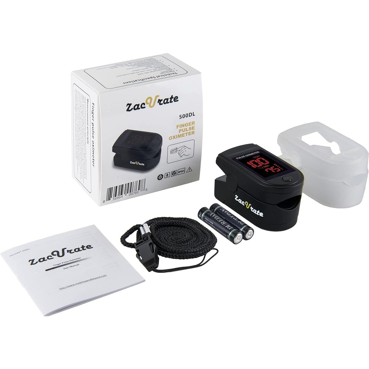 Zacurate 500 Series Fingertip Pulse Oximeter Blood Oxygen Saturation Monitor with Silicon Cover Batteries and Lanyard Royal Black