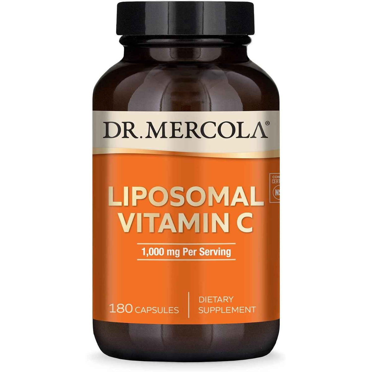 Dr. Mercola Liposomal Vitamin C 1,000 mg supplement in 180 capsules, showing the bottle and capsules on a white background.