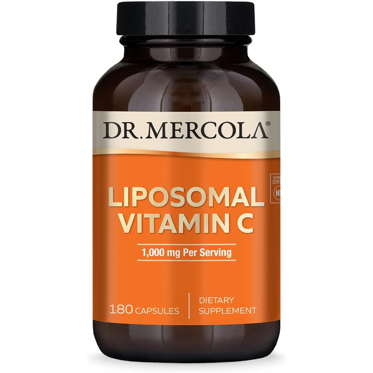 Dr. Mercola Liposomal Vitamin C 1,000 mg capsules, bioavailable dietary supplement in a bottle with 180 capsules.