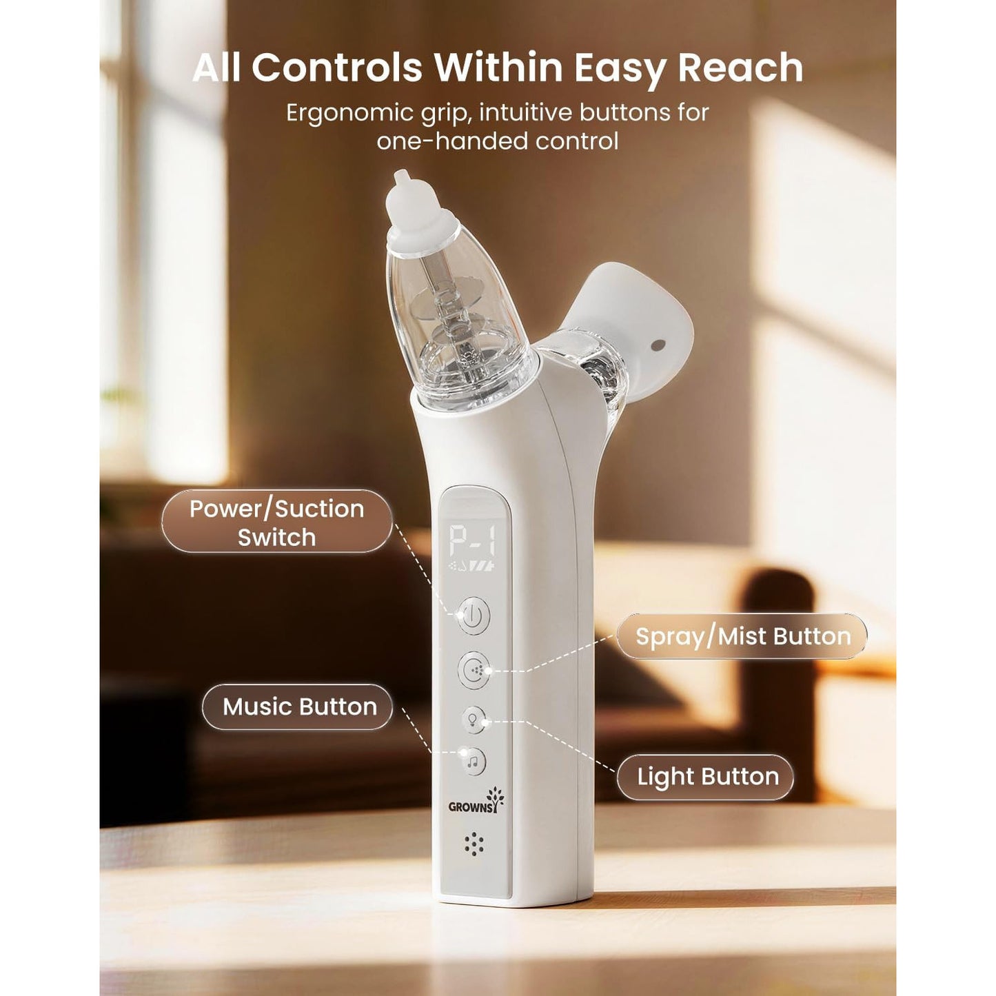 GROWNSY SniffEase 3-in-1 Baby Nasal Aspirator Spray Suction Mist Hospital-Grade Nose Suction Soothing Light Music Large Chamber Easy Clean Grey