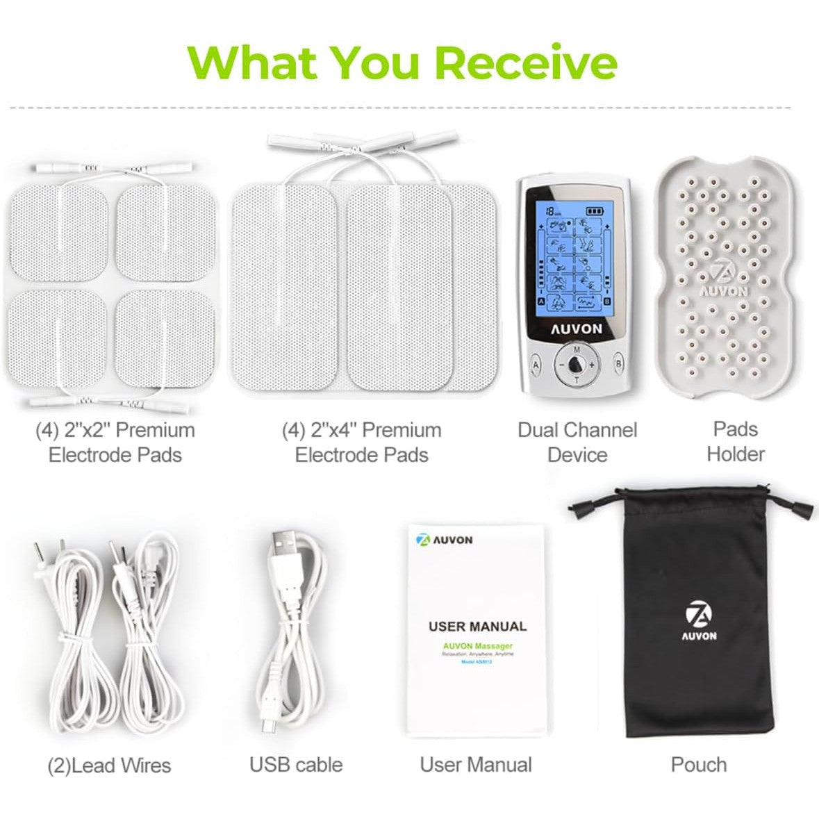 AUVON Dual Channel TENS Unit Muscle Stimulator Machine 20 Modes 2" and 2"x4" Electrode Pads