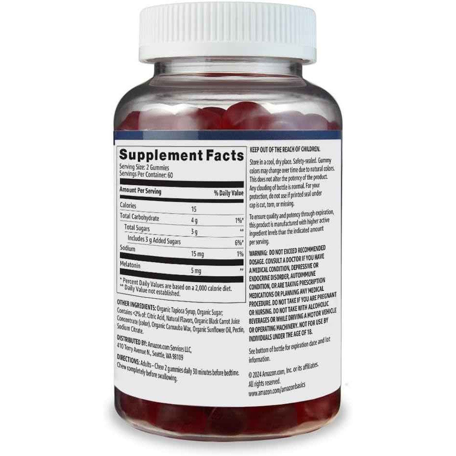 Amazon Basics Melatonin Sleep Support Gummies Strawberry 5mg 120 Count