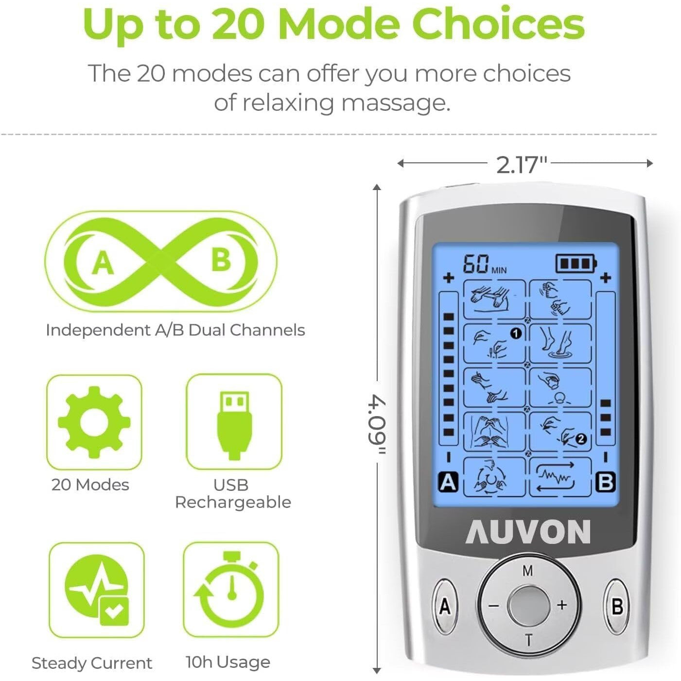 AUVON Dual Channel TENS Unit Muscle Stimulator Machine 20 Modes 2" and 2"x4" Electrode Pads